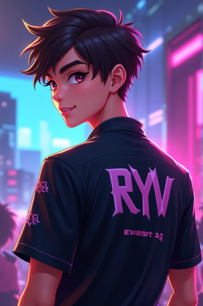 2d cool esport game guy with black shirt and R Y V written on his back