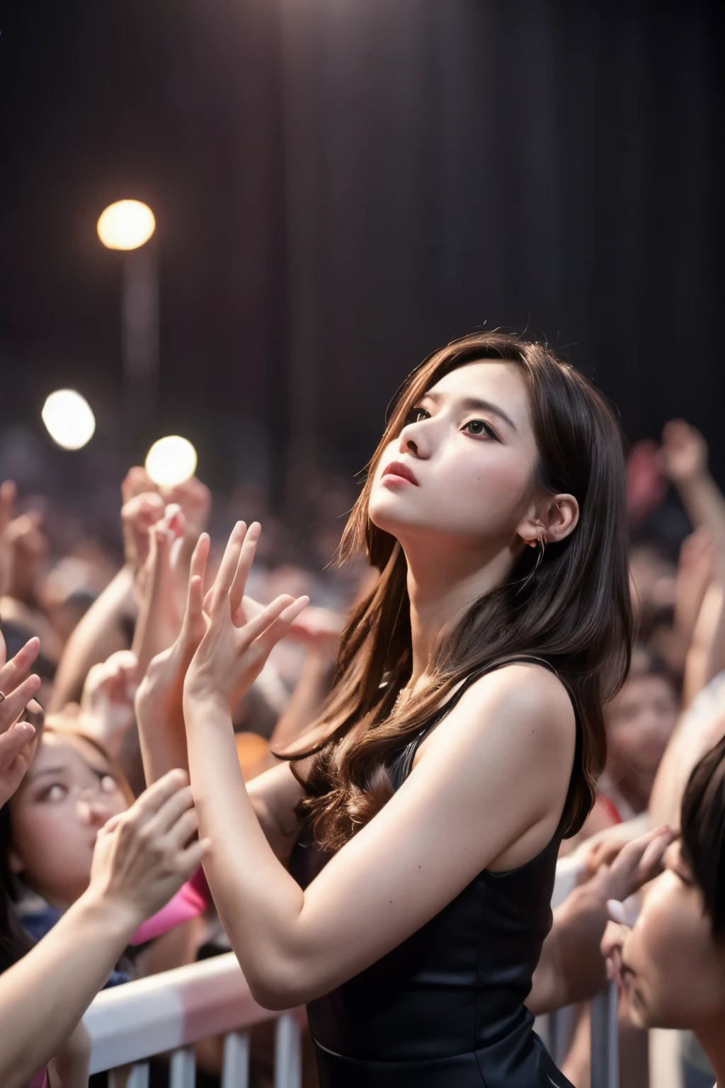 A Woman In A Black Dress Standing In Front Of A Crowd Of People Seaart Ai