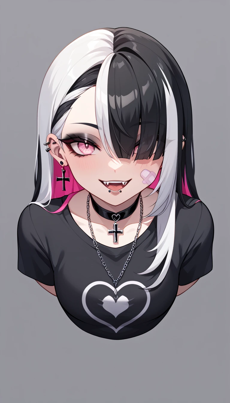 Goth girl, Goth girl 1girl 1girl,solo,long hair,looking at viewer,smile,simple background,black hair,jewelry,white hair,heart,multicolored hair,earrings,choker,pink eyes,grey background,necklace,hair over one eye,two-tone hair,tattoo,fangs,piercing,cross,ear piercing,portrait,bandaid,bandaid on face,facial tattoo,lip piercing, dark background, simple background, Upper body Shot, Leaning Forward