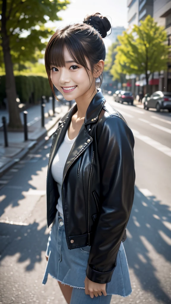 (((city:1.3, Outdoor, Photographed from the front))), ((Hair Bun:1.3,leather jacket,smile,Japanese women,cute)), (clean, Natural Makeup), (Highest quality, masterpiece:1.3, 超High resolution), (Very detailedな, Caustics), (Realistic:1.4, RAW shooting), Very detailed, High resolution, 16K resolution、(Looking at the camera:1.3), (Full Body Shot),