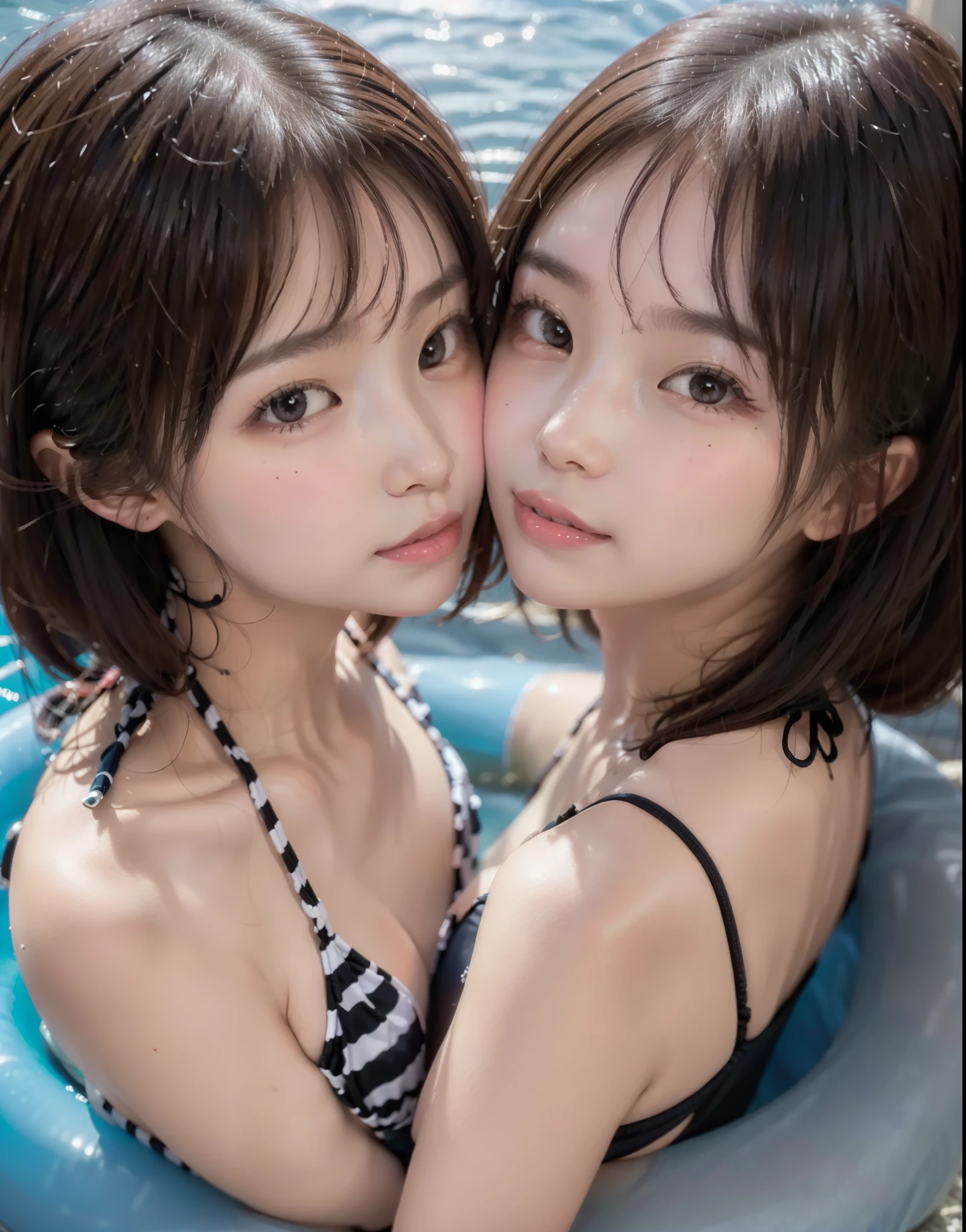 8k,masterpiece,Japanese,best quality, two girls, (kissing:1.3), (bikini:1.4), (innertube1.7), (frustrated:1,4), (blush:1.4), (breasts:1.1)