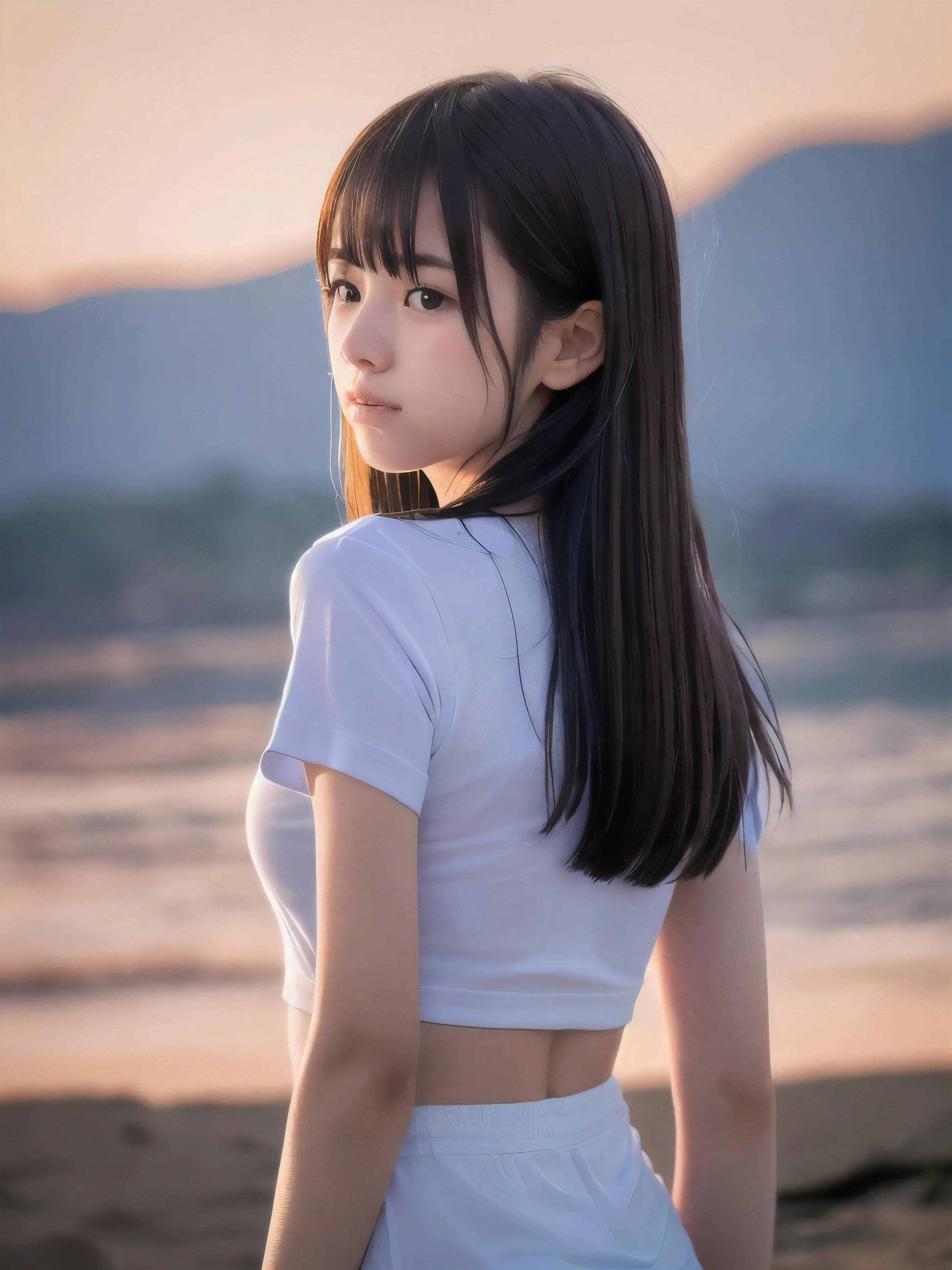 (Close up face shot of slender small-breasted half up brown long hair with bangs girl wearing a white T-shirt only:1.5)、(One girl is looking back and big crying with tears on the coast in Japan:1.5)、(Beautiful after sunset red sky with red big cloud:1.5)、(blurred background:1.5)、(Natural light:1.5)、(8k ultra detailed master piece:1.5)、(perfect anatomy:1.5)、(Photorealistic stick:1.5)、(Raw photo:1.3)、(highest quality:1.5)、(High resolution:1.3)、(Delicate and beautiful perfect face:1.3)、(Delicate and beautiful eye air skin:1.3)、(Real Human Skin:1.3)、((thin legs))