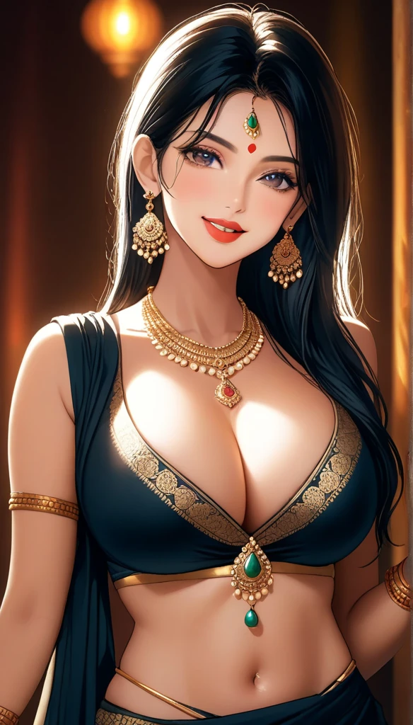 beautiful detailed eyes, beautiful detailed lips, extremely detailed eyes and face, long eyelashes, 1 gothic woman, mature, messy hair,  simple dark black tight saree, long chain earrings, beautiful face, smiling, red lipstick, navel, bangles, saggy breasts, photorealistic, 8k, hyperdetailed, vibrant colors, studio lighting, masterpiece, cinematic composition, dramatic lighting, intricate details, highly realistic skin textures, volumetric lighting, beautiful intricate jewelry, warm color palette, natural lighting, elegant pose, beautiful detailed expression, hyper realistic rendering, seamless blending, flawless skin, glowing skin, delicate features, breathtaking realism, striking composition, tall, necklace, bangles, navel, full body view, cleavage, mehendi