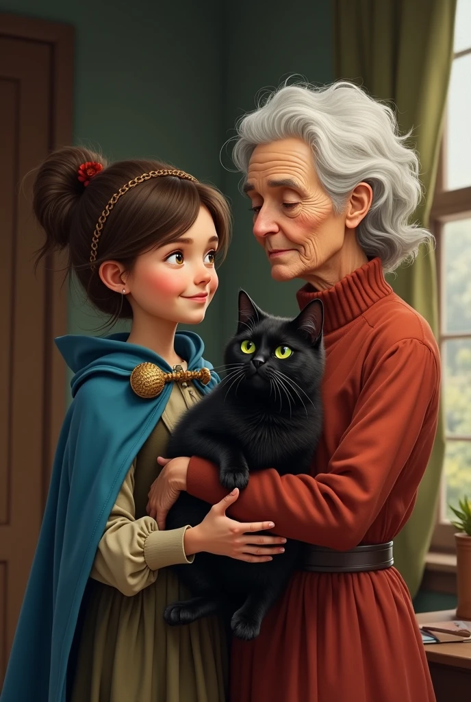 Girl with a blue cape next to her grandmother shows her black cat with green eyes