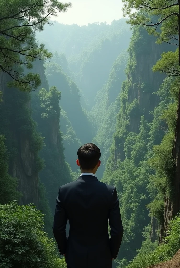 Young man in a fine suit looking at a large forest from behind 
