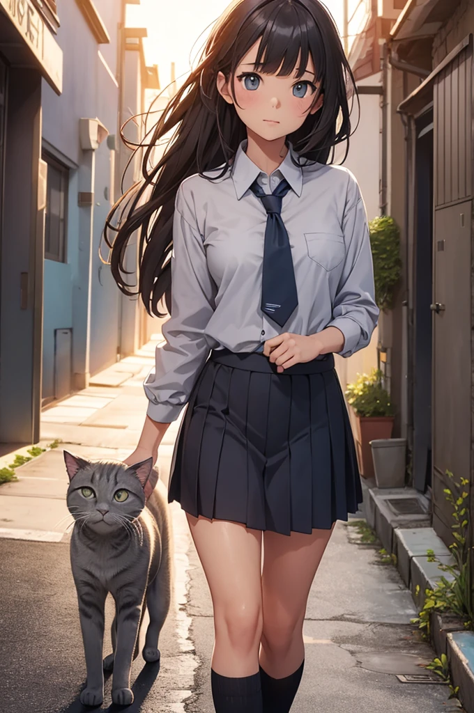 girl in school uniform petting a grey cat, alleyway, sunset, close up