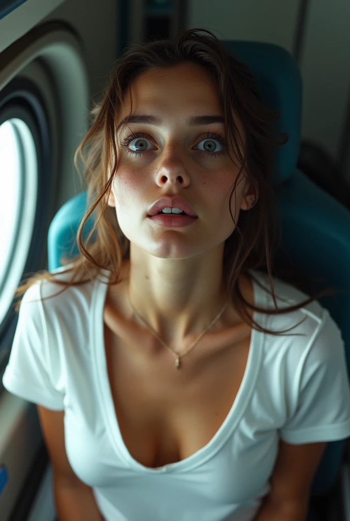 Photo realistic 8k image of a sexy 18year old girl in a wet white t shirt looking shocked in a space ship. Shot from above while she looks up at the camera. Girl resembles Abigail Breslin. Close up. Girl is glistening with sweat. Clevage
