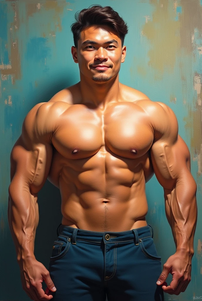(bichu, oil painting, Impressionism) of (one male), (looking at viewer), a handsome muscular young malay malaysian man,
Very detailed manly face, heroic, detailed realistic open teal eyes, (muscular:1.5), (big muscles), (massive pecs), huge breasts, narrow waist and huge hips, (chocolate brown hair), (slight smile), (shirtless) (topless male). highly detailed, high quality, masterpiece