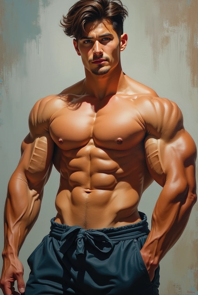 (bichu, oil painting, Impressionism) of (one male), (looking at viewer), a handsome muscular young malay malaysian man,
Very detailed manly face, heroic, detailed realistic open teal eyes, (muscular:1.5), (big muscles), (massive pecs), huge breasts, narrow waist and huge hips, (chocolate brown hair), (slight smile), (shirtless) (topless male). highly detailed, high quality, masterpiece