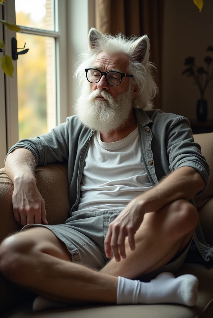 Beautiful English grandpa over 70
with beard on the sofa
only underwear