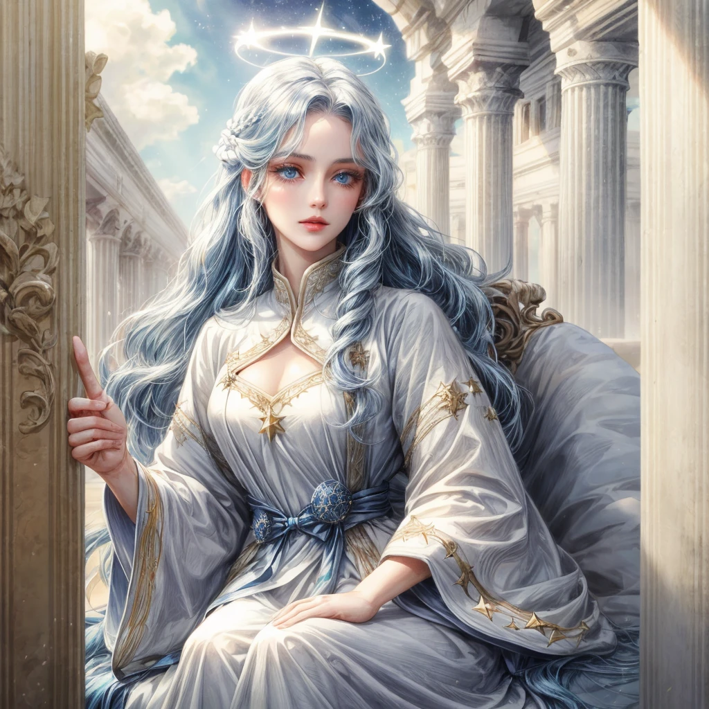 A woman with white wavy long hair, blue eyes, and have a star halo, have a white wings, wear an ancient clothes, holding a star