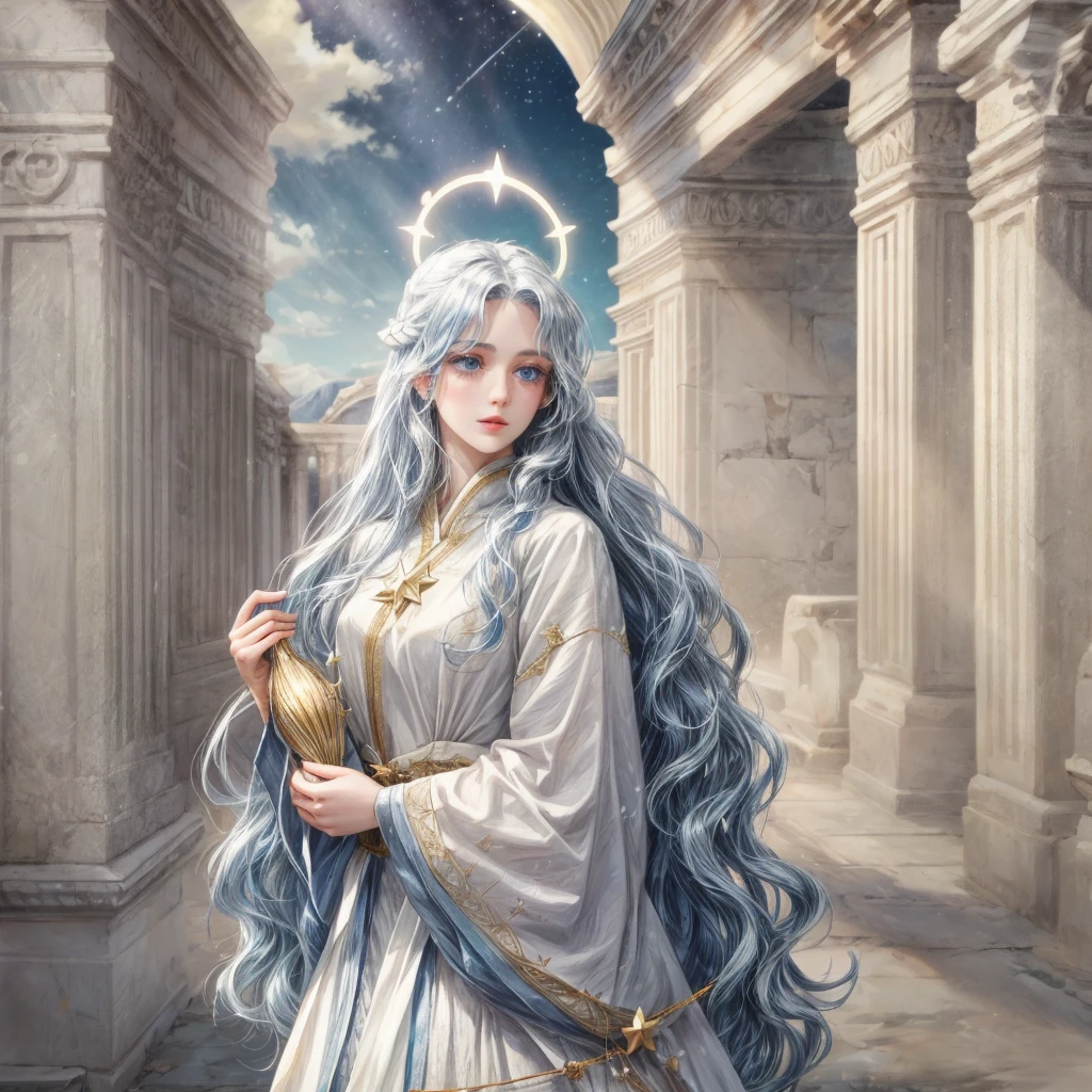 A woman with white wavy long hair, blue eyes, and have a star halo, have a white wings, wear an ancient clothes, holding a star