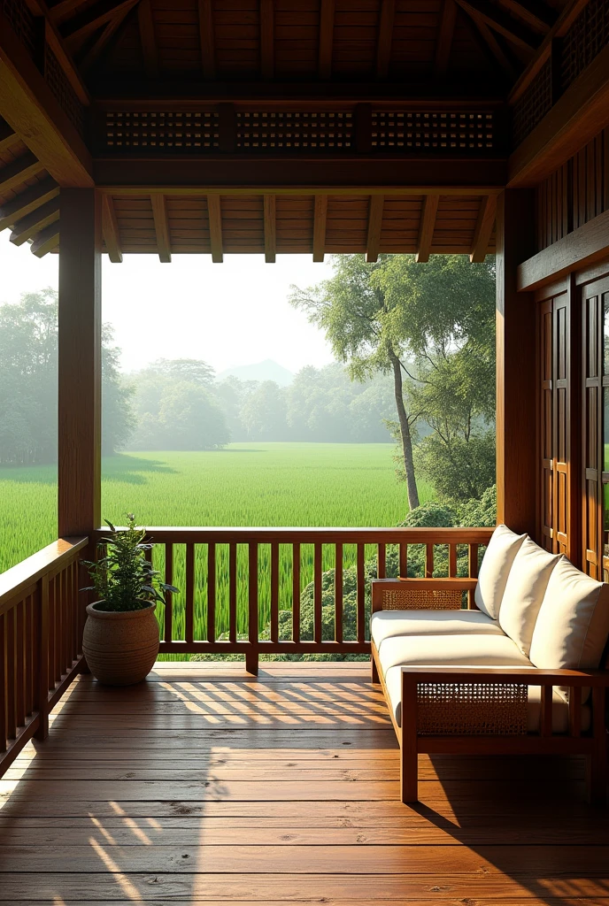 Balcony old Javanese joglo house with wood and rattan sofas   , with rice fields view 
Wood floor decking