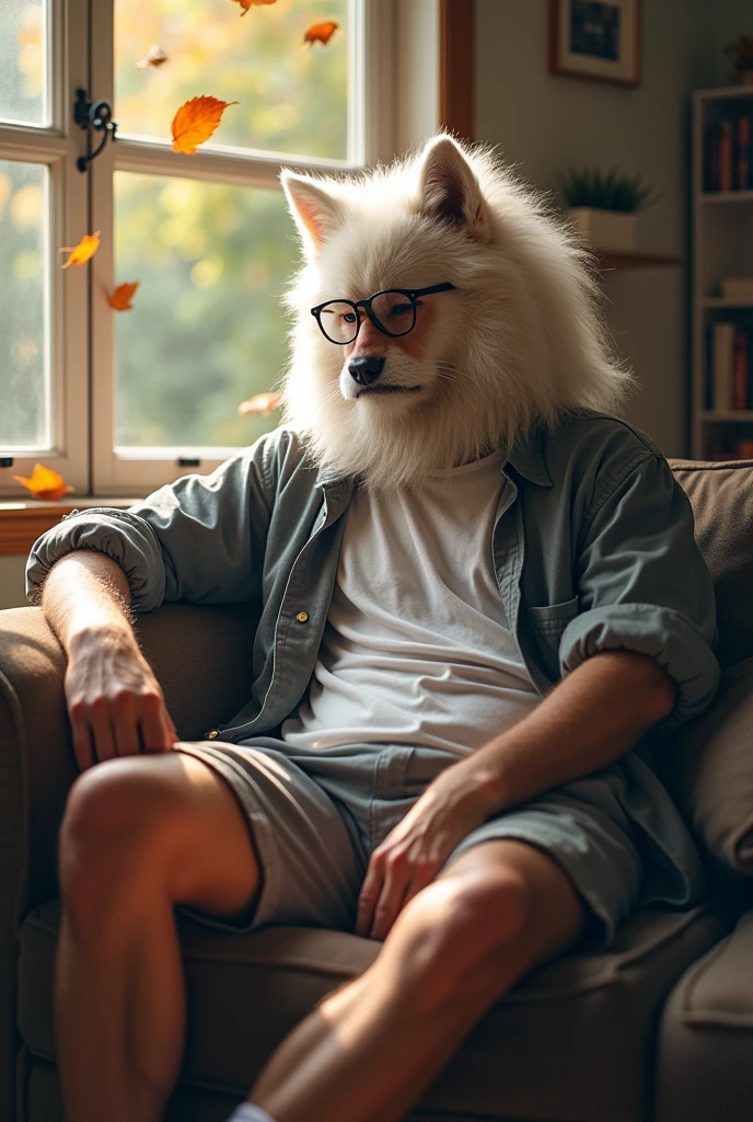 Hairy，（Wolf，Black-rimmed glasses，White short sleeve，Grey long sleeve shirt jacket，Rolled up my sleeves，Casual shorts，White socks），beard，White fur，male，generally，Full body photo， Dynamic pose，living room，Sitting on the couch，doze，Fallen leaves flew into the room outside the window.，Detailed Background，极其Real阴影，masterpiece，Very detailed，Real