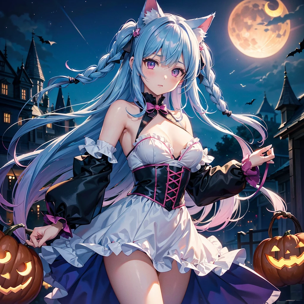 (Sky Blue Hair),(Braided medium hair), (Pink Eyes),Fair skin) ,(whole body),(One Girl),(Crescent Moon),(There are many pumpkin ghosts in the background),Cat ear,Cat costume,Cat imitation,(Trick or Treat),Halloween Night Party),(masterpiece, Highest quality, Very detailed, Best Shadow), (Detailed Background), (Beautifully detailed face), High Contrast, (Best lighting, Very delicate and beautiful), ((Cinematic Light)), Hyper Detail,8k, Dramatic Light, Intricate details,night,Flying bats in the sky,