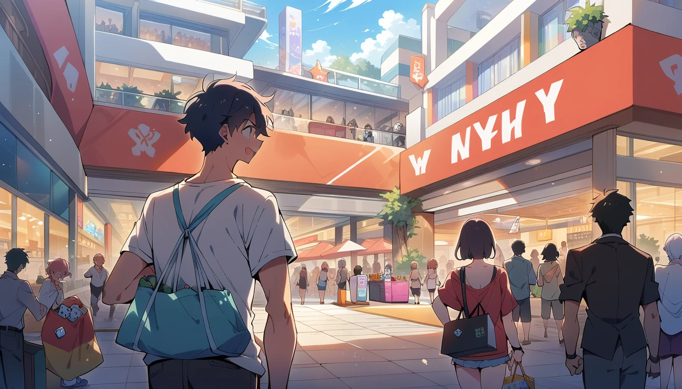 masterpiece, best quality, 1 man, (dice:1.4), open plaza, shopping mall, mob, summer