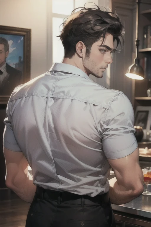 (Best Quality,4k,8k,High resolution,masterpiece:1.2),ultra detailed,(realist,photorealist,photo-realist:1.37),1 man,31 years,mature man,high,Big eyebrows,adult,very handsome,focused from behind,big body,muscular,without expresion,short gray black hair,blue eyes,perfect face without mistakes,cinematic lighting,imagen HDR