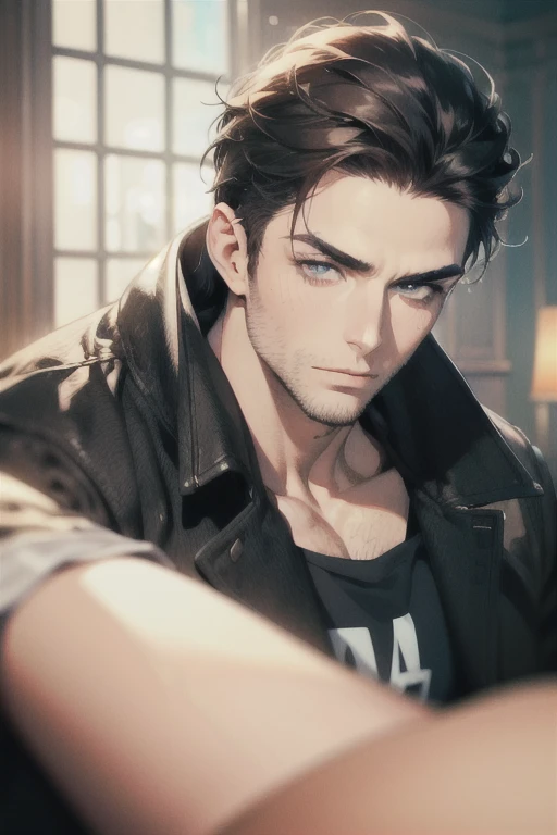 (Best Quality,4k,8k,High resolution,masterpiece:1.2),ultra detailed,(realist,photorealist,photo-realist:1.37),1 man,31 years,mature man,high,Big eyebrows,adult,very handsome,focused from behind,big body,muscular,without expresion,short gray black hair,blue eyes,perfect face without mistakes,cinematic lighting,imagen HDR