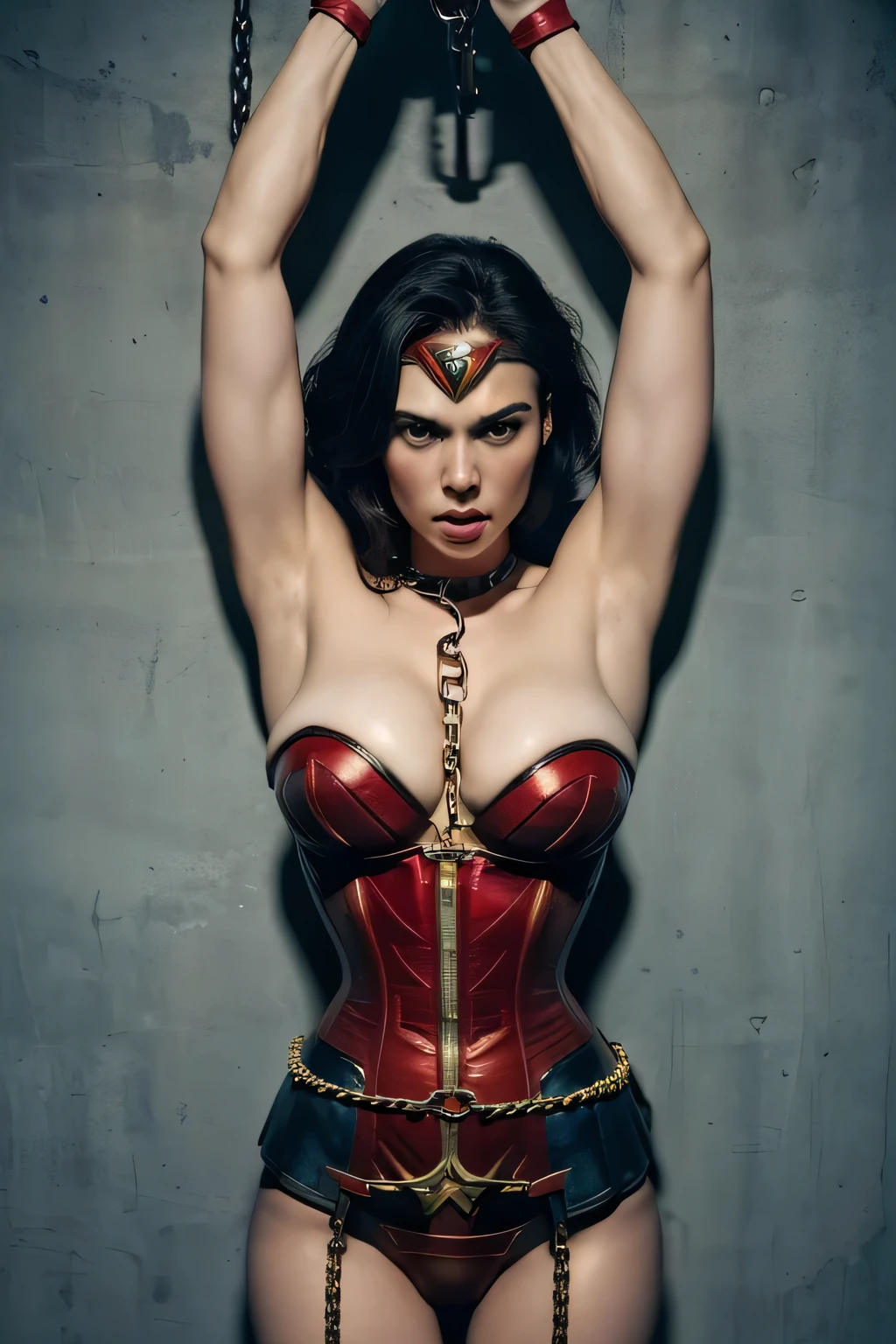 1girl, beautiful girl, Wonder Woman, Wonder Woman red corset, rise eyebrows, slender, Wonder Woman tied up and chained in dungeon, (((shackles)), ((shackles and arms down, chain leads, wrists tied)), bondage, chains wrapped tightly on arms, slavery, restraint, (basemend wall backgroun, dirty, dark, creepy), best quality, masterpiece, both arms up, comic style, angry, hanging, fondled by men, muscle armpit, struggling, unable to break free, wide shot, hair tucked behind head, small breast, small chest, detailed eyes, glaring eyes, shot from above