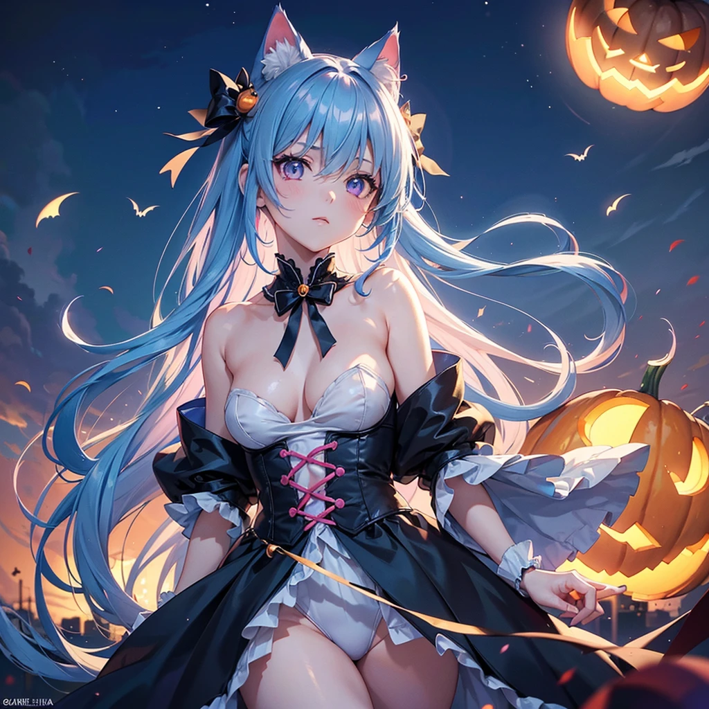 (Sky Blue Hair),(Medium Hair), (Pink Eyes),Fair skin) ,(whole body),(One Girl),(Crescent Moon),(There are many pumpkin ghosts in the background),Cat ear,Cat costume,Cat Pose,(Trick or Treat),Halloween Night Party),(masterpiece, Highest quality, Very detailed, Best Shadow), (Detailed Background), (Beautifully detailed face), High Contrast, (Best lighting, Very delicate and beautiful), ((Cinematic Light)), Hyper Detail,8k, Dramatic Light, Intricate details,night,Flying bats in the sky,