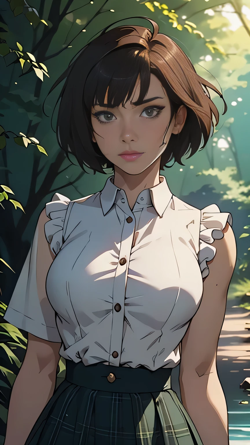 photo of mlp Meowko, RAW, beautiful woman, ((portrait)), ((detailed face:1.2)), ((anime face, anime facial feature, clear skin, glossy anime lips, clear skin), (short messy lesbian haircut, brunette: 1.55), (perfect proportioned body, Strong, muscular, narrow waist, narrow hips, skinny, large breasts), (she is wearing a vintage button down plaid dress, flowing skirt, bouffont style dress), (walking down a creek, deep in the woods), (realistic photo, best quality, detailed), (8k wallpaper), (cinematic lighting, beautiful light, (afternoon:1.3)) (sharp focus, intricate)