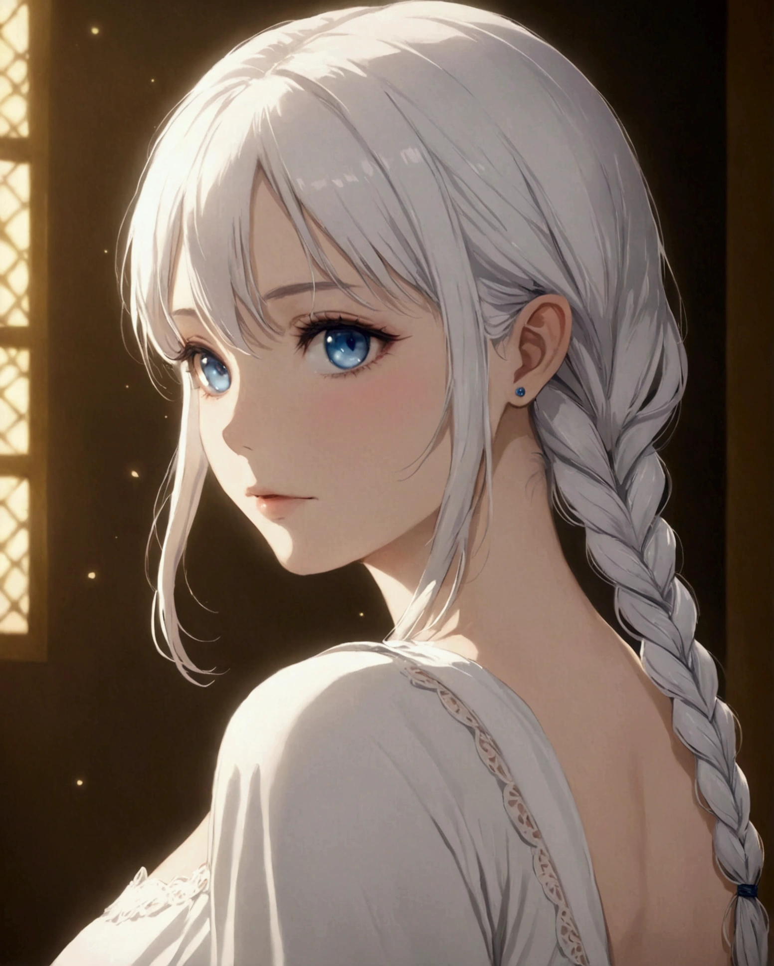 Excellent, masterpiece, white hair, blue eyes, white clothes, upper body, hair, fair skin, side braids, best quality