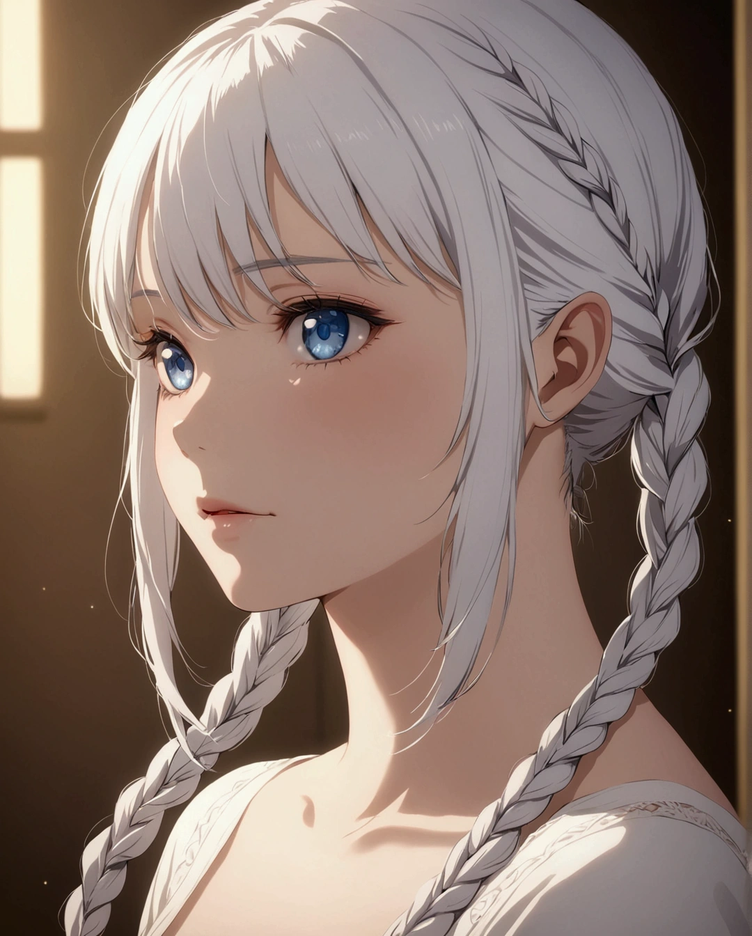 Excellent, masterpiece, white hair, blue eyes, white clothes, upper body, hair, fair skin, side braids, best quality