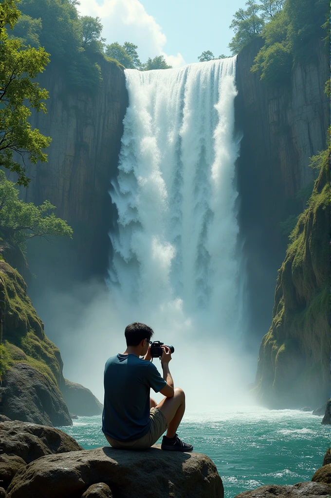 A waterfall a man sitting and taking photo with DSLR