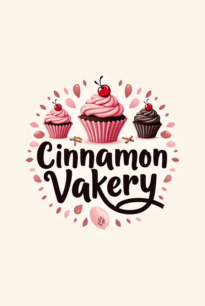Logo that says cinnamon Vakery with pink and black cupcakes