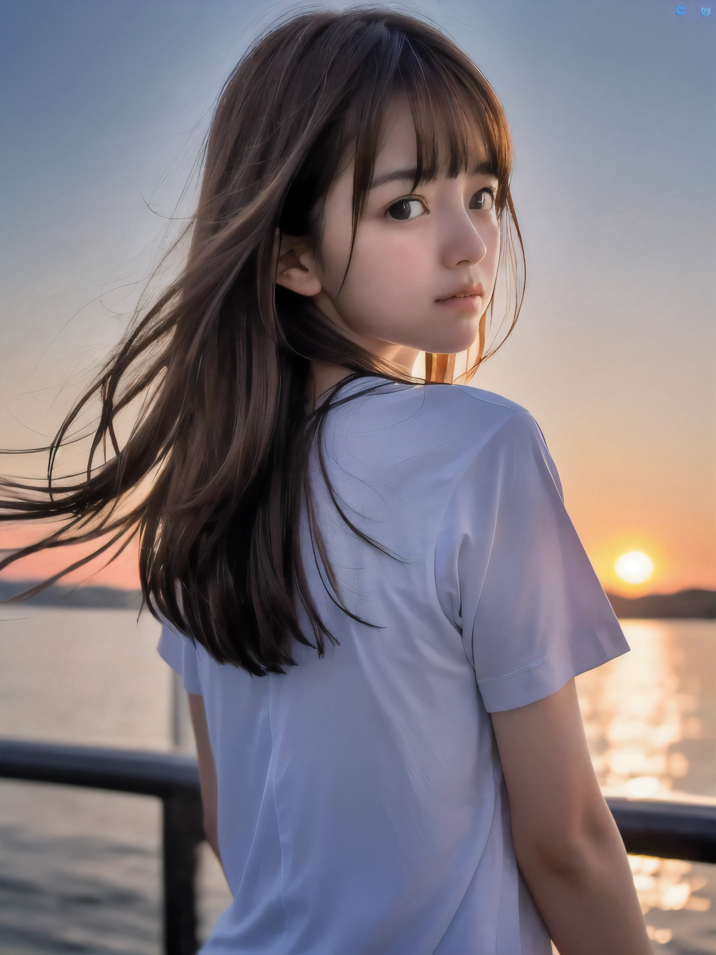 (Close up face shot of slender small-breasted red brown wavy long hair with dull bangs girl wearing a white T-shirt only:1.5)、(One girl is looking back and crying face with tears on the coast in Japan:1.5)、(Beautiful after sunset red sky with big red cloud:1.5)、(blurred background:1.5)、(Natural light:1.5)、(8k ultra detailed master piece:1.5)、(perfect anatomy:1.5)、(Photorealistic stick:1.5)、(Raw photo:1.3)、(highest quality:1.5)、(High resolution:1.3)、(Delicate and beautiful perfect face:1.3)、(Delicate and beautiful eye air skin:1.3)、(Real Human Skin:1.3)、((thin legs))