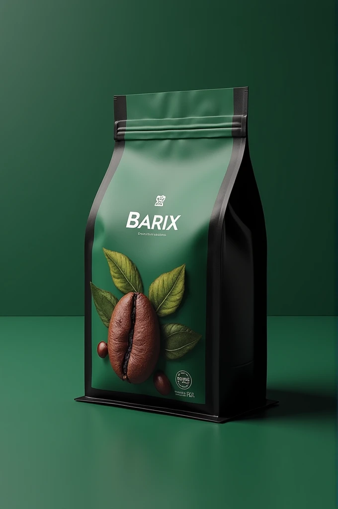 I want a new and special package for coffee beans, in the shape of a square with four sides, black color and one very dark green color, with Barix brand and a photo of coffee beans on the package.