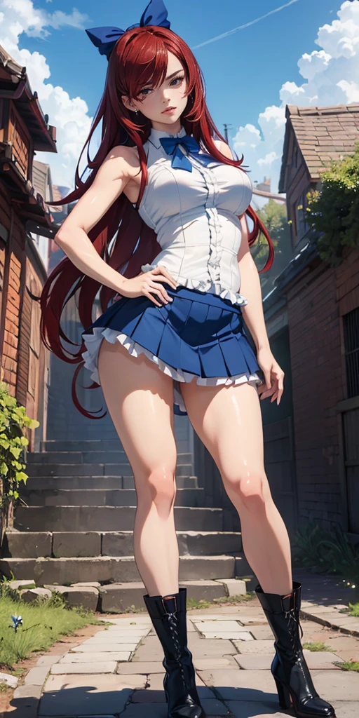 ((1girl, solo)), large breasts, beautiful body, (perfect anatomy, perfect body, perfect hands, perfect legs), nice hands, natural proportions, sexy body, standing, hand on hip, full body BREAK
((extremely detailed face)), brown eyes, (beautiful detailed eyes:1.6), (realistic pupils, realistic iris:1), expressive eyes, looking at viewer, (clear eyes:1.3), (hyperrealistic:1.2), (detailed skin texture:1.2), smooth skin, (red hair:1.5), (hair over one eye:1.3), long hair, (detailed lips:1.2), (attractive lips:1.1), (glossy lips:1.1), parted lips, perfect face, perfect eyes BREAK
sleeveless shirt, (white shirt:1.3), collared shirt, ((blue bow)), bare shoulders, ((mini skirt)), blue skirt, (frill trimmed:1.2), thighs, ass visible through thighs, black footwear, high heel boots BREAK
(masterpiece:1.5), anime-style, top quality, best quality, (beautiful and aesthetic:1.2), (ultra detail:1.5), Ultra-detailed depiction, Ultra-precise depiction, extremely detailed 8k illustration, high resolution, (highly detailed shading:1.2), (realistic lighting:1.4), perfect lighting, vibrant colors, dynamic tones, striking hues, 8k, absurd resolution, perfect shadows, hdr, UHD, ambient lighting, realistic, ultra-realistic, photo realistic, highly detailed, rich detail, luminous colors, fine texture, intricate design, professional illustration, (soft light:1.2), (illustration:0.7)