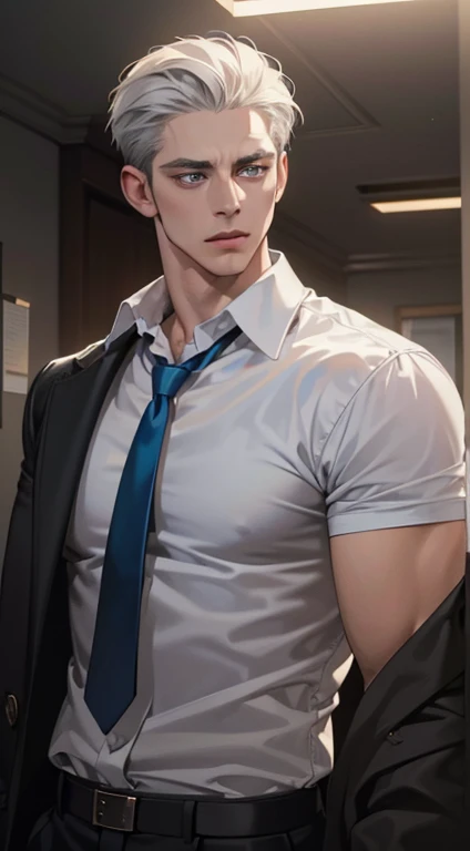 (best quality, masterpiece, 8K, photorealistic, cinematic lighting, hdr image, ultra detailed, beautiful image), 1 man, 31 years old, mature man, very handsome, (without expression, serious), short white hair, blue grey eyes ( penetrating gaze), perfect face without errors, imposing posture, without errors, businessman, office background