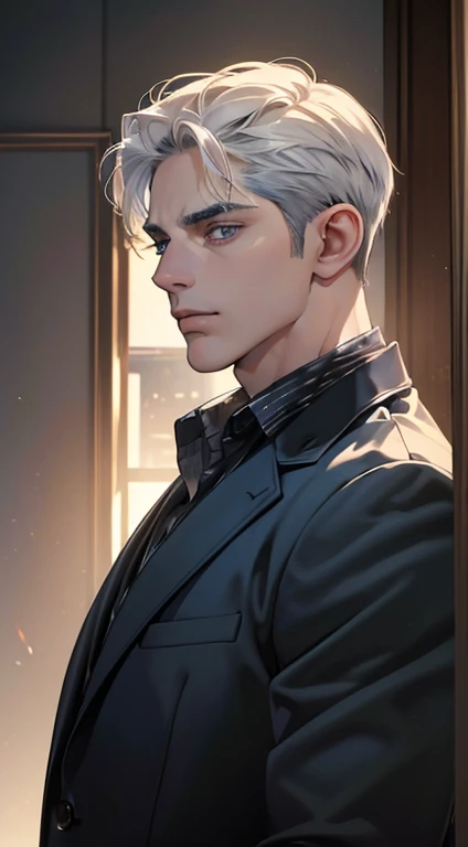 (best quality, masterpiece, 8K, photorealistic, cinematic lighting, hdr image, ultra detailed, beautiful image), 1 man, 31 years old, mature man, very handsome, (without expression, serious), short white hair, blue grey eyes ( penetrating gaze), perfect face without errors, imposing posture, without errors, businessman, office background