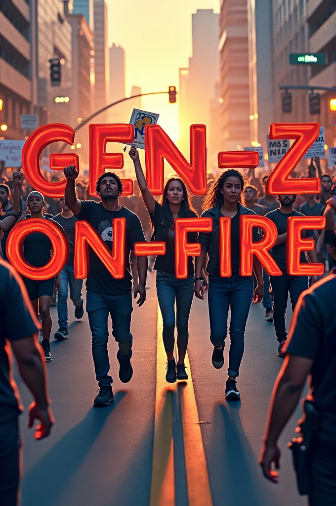 Creat an image for me where the youth generation protesting in the road for justice and over the image visible the text is "Gen-Z on Fire 24"