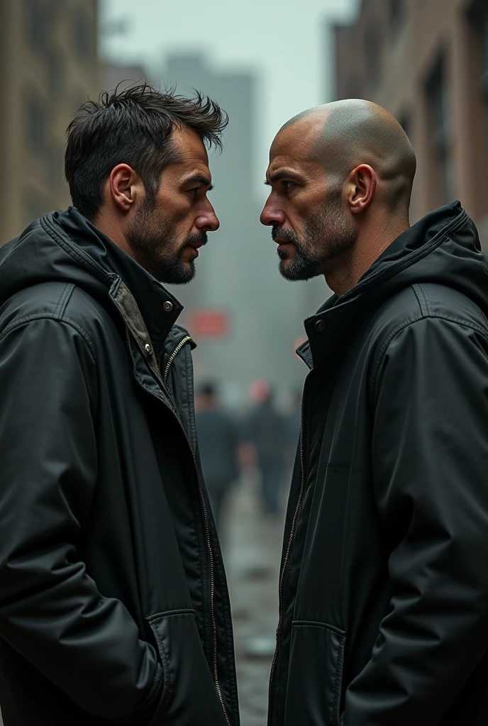 Two mans face to face looking.
Man 1: he is drugs addicted. He hasn’t responsibilities. He live in a thug life.
Man 2: he is not drugs addicted. He does have responsibilities. He is a good person. He is now in rehabilitation so his hair is all bald and his beard is all shaved. 
Can you give me photo with without beard.