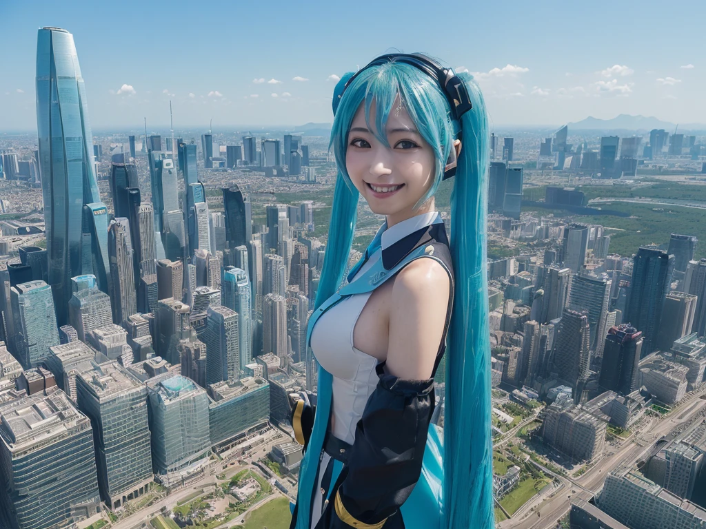 ((Description of Super Giant、8k、Realistic、Hatsune Miku、Cosplay、Japanese women、Cosplayイヤー、Large Breasts、smile、非常に詳細なDescription of Super Giant、Much bigger than a skyscraper、very small metropolis, Miniature metropolis, (靴の高さしかないMiniature metropolisで)、Full body description、(超巨大Hatsune Miku)、Walking from afar、top view)), ((Clone avatar depiction、8k、Realistic、Hatsune Miku、Cosplay、Japanese women、Cosplayイヤー、Large Breasts、smile、Highly detailed clone art、(hatsune miku one girl clones, 1 girl is cloned)、10 people、100 people、1000 people、Hatsune Mikuの群衆、congestion、遠方に無数のHatsune Miku集団、Delicate depiction))