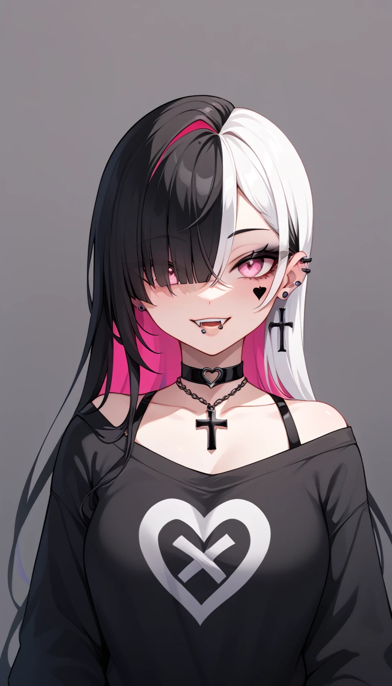 Goth girl, Goth girl 1girl 1girl,solo,long hair,looking at viewer,smile,simple background,black hair,jewelry,white hair,heart,multicolored hair,earrings,choker,pink eyes,grey background,necklace,hair over one eye,two-tone hair,tattoo,fangs,piercing,cross,ear piercing,portrait,bandaid,bandaid on face,facial tattoo,lip piercing, dark background, simple background, Upper body Shot, Sexy Pose