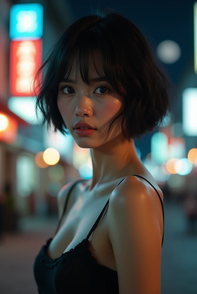 Be Japan. Short hair style. Stylish clothes. -yeld bey。a baby facenal face。H Cup Breast。Top image quality。A hyper-realistic。Wearing sexy thin lingerie。Have sexual attraction。Neon street at night in the background。Play so。Tsuriformes。