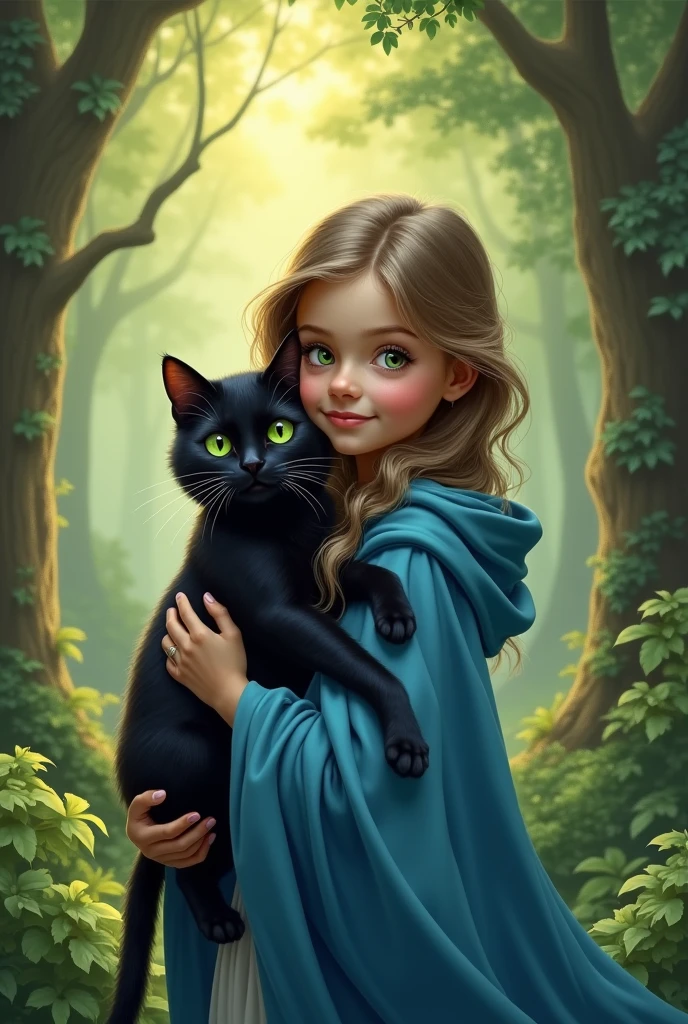Girl with blue cape in the forest hugging her black cat with green eyes