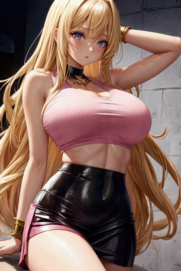 Long blonde hair, large breasts, pink tank top, leather skirt,