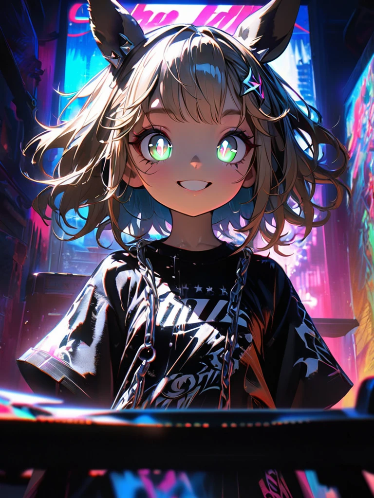1 girl, chromatic aberration, Written boundary depth, Soft Light, masterpiece, Highest quality, complicated, Tone Mapping, Very detailed, Art Station, Concept Art, Smooth, Clear focus, Dramatic lighting, Very detailed artwork, movie, super practical painting, Art Station's trending, 8k, Incredible Shadows, practical, (Very detailed background:1.0), whole body, View, Viewers, Very detailed portrait of one girl 1, standing on street corner, Heavy rain and lightning、Dark Sky, neon and cyber punk background, she is dressed in punk clothing with silver chains and silver spikes, Her hair was dyed light brown.....,The middle part is black, Detailed black eyes with clear pupils, Ominous aura of light, smile, punk, ciber punk, Backlight.、,Approaching the horse、Horse woman.グラウンドを走るwhole body