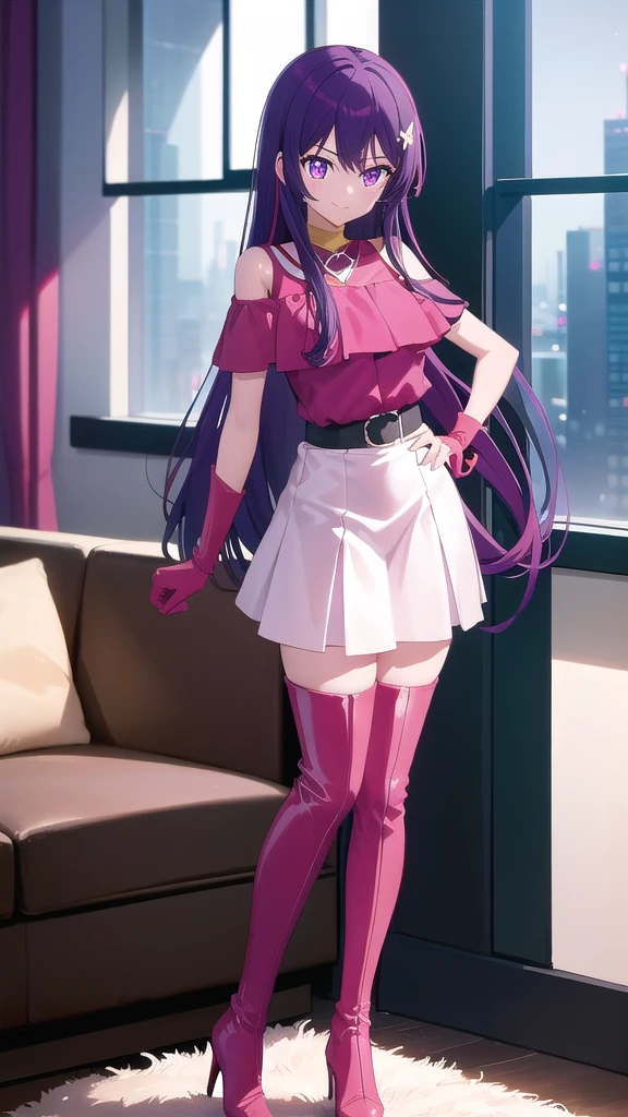 masterpiece, ultra quality, real art, 
1 girl, Ai Hoshino, solo, Young, very beautiful, Elegant, 
purple hair, long hair, barrette, Pink eyes, smile, pretty face, 
slim, high, beautiful figure, defiant pose, slim figure, full length, slender legs, 
Colorful outfit, Red dress, open shoulders, red gloves, black belt, White skirt, wear pink thigh high boots, blacked out heels, 
room, night, sofa, window,