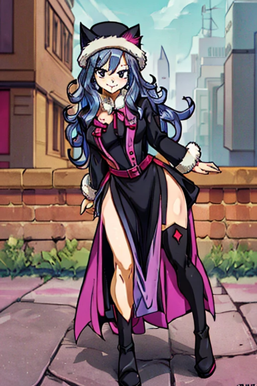 female, black long hair with magenta trim, silver eyes, wolf ears, wolf tail, (((1girl))), (((black and magenta dress))), (black hat with magenta trim), (black thigh high boots), cute and sexy, full body, large breasts, long legs, smiling