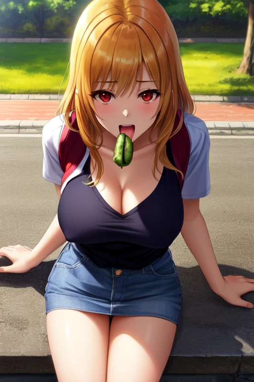 ((Whole body)),(masterpiece, Best Quality), 1 18 year old anime girl in scout clothes, neckline, mini skirt, big breasts about to eat a banana, opening his mouth in a park landscape, ((view from above))