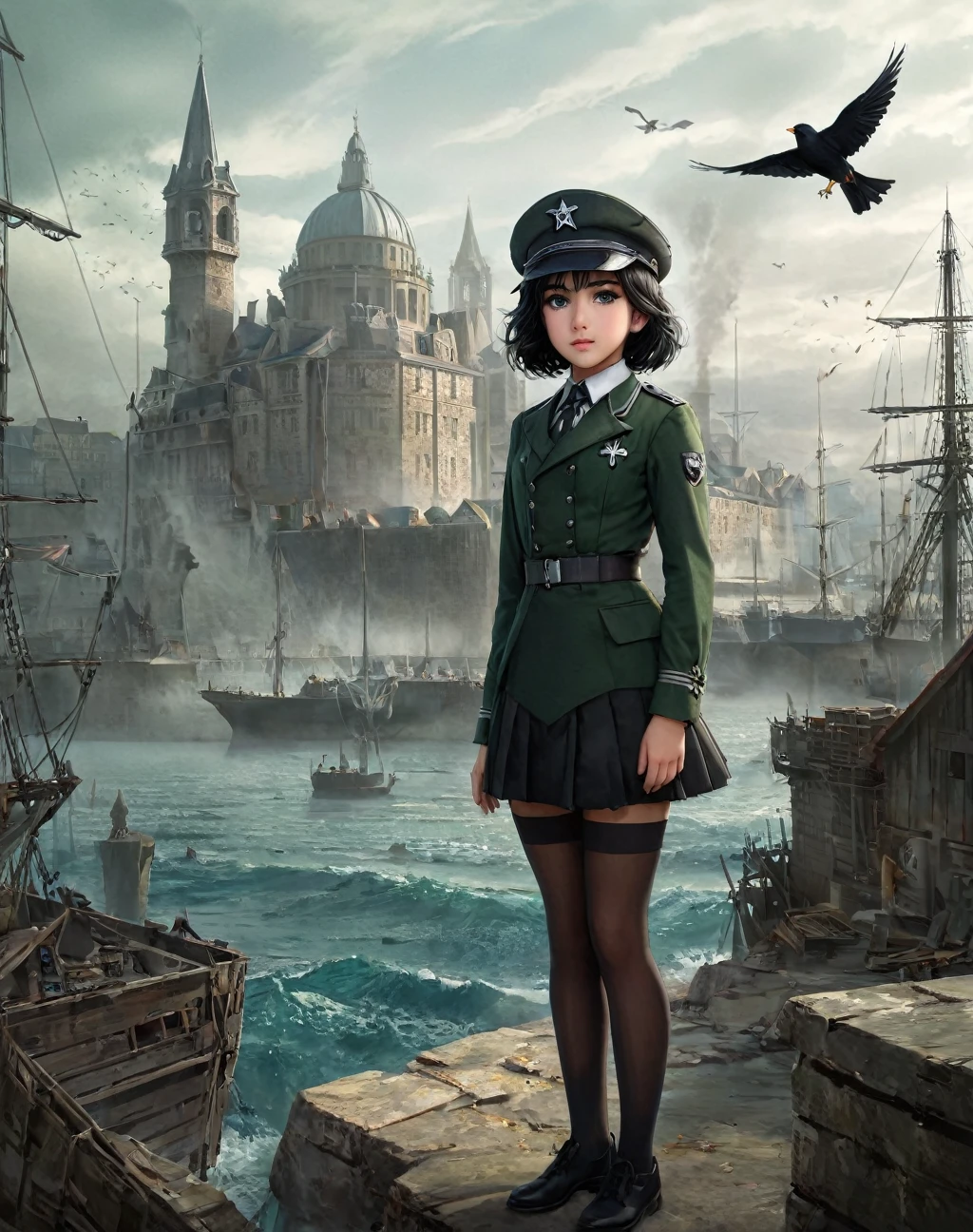 Severus Snape's daughter,,masterpiece, best quaility, 1girl, graf zeppelin, uniform, hat, iron cross,green eyes, black Hair , capelet, detailed clothing, detailed face, combat pose, gust of wind, vivid colors, highest resolution, wallpaper, professional illustration, realistic, intricate, ruins, highly detailed, landscape, dramatic lighting, cityscape view from harbor, daylight summertime, buildings, birds, looking from back, mountains, sea, flashlight, fire, fantasy, beauty, full body