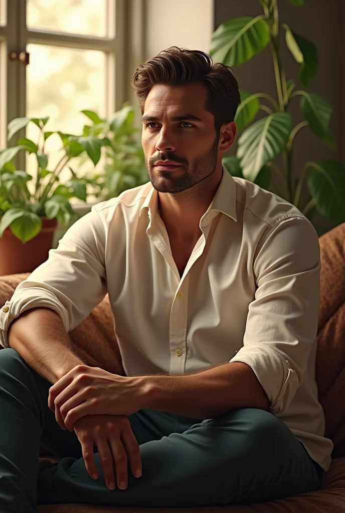 (photorealism:1.2), beautiful Man, sitting H latter on ,outdoor, soft lighting, plants in background, window with sunlight, cozy room, relaxed pose, realistic, intricate details, warm colors, by Greg Rutkowski, by Alphonse Mucha H latter