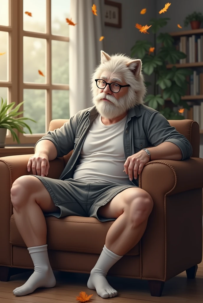 Hairy，（Wolf，Black-rimmed glasses，White short sleeve，Grey long sleeve shirt jacket，Rolled up my sleeves，Casual shorts，White socks），beard，White fur，male，generally，Full body photo， Dynamic pose，living room，Sitting on the couch，doze，Fallen leaves flew into the room outside the window.，Detailed Background，极其Real阴影，masterpiece，Very detailed，Real
