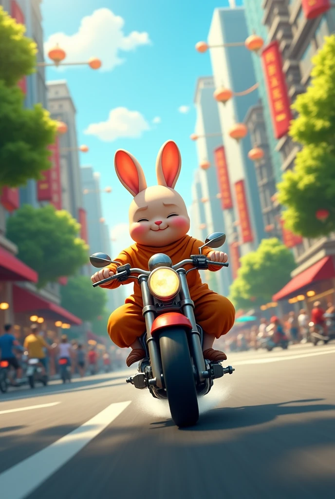 small rabbit is running in beautiful city and car drive. rabbit body small monk . haed is had
this rabbit is motocycile drive.