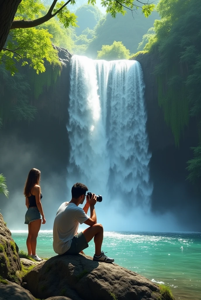 A waterfall a man sitting and taking photo with DSLR and a women wait until he takes photo